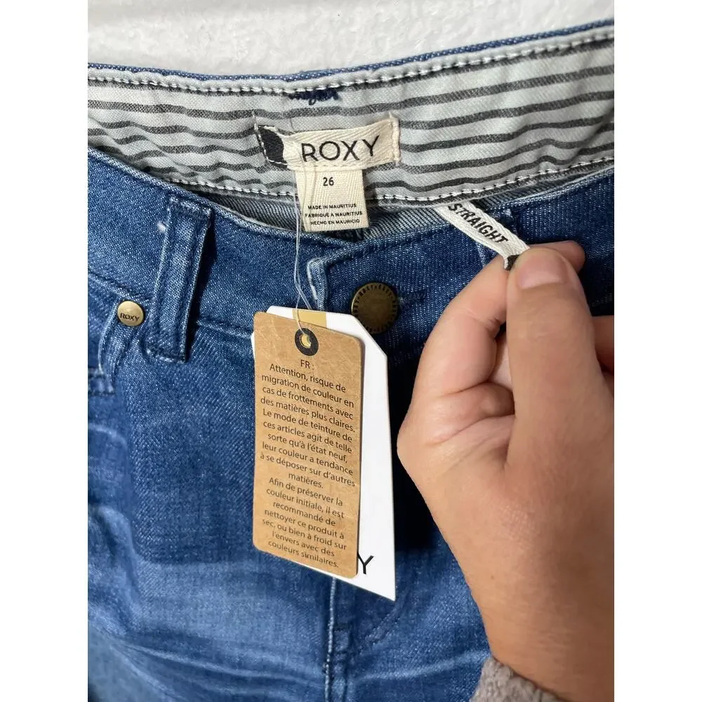 Roxy NEW Straight Jeans Womens Size 26 Raw Fray Hem Whiskering Stretch